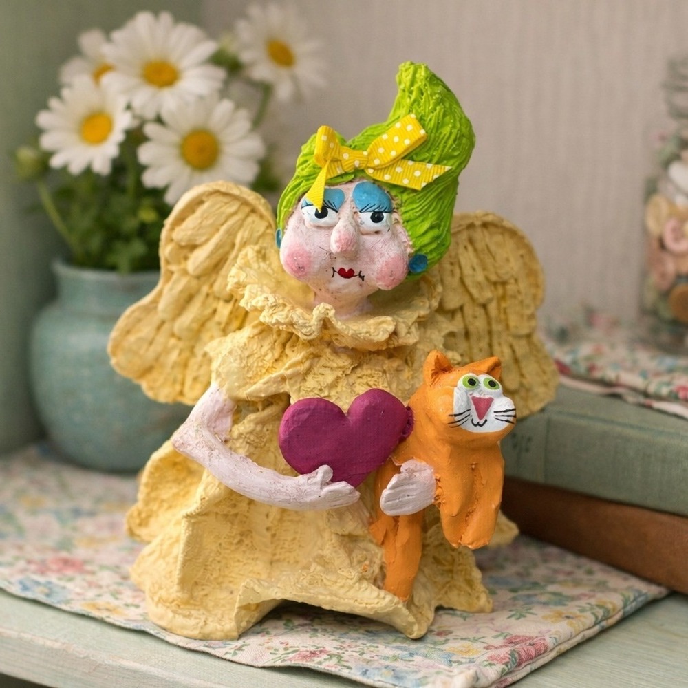 Vtg Carnivale Whimsical Folk Art Angel Orange Cat and Heart Green Hair Kitschy